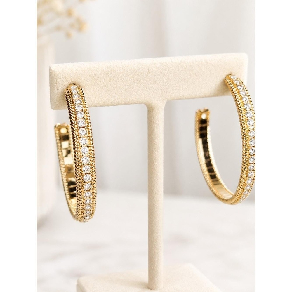 Gold Tone Rhinestone Hoop Earrings Clear Crystal Textured Statement Hoops 1.75"